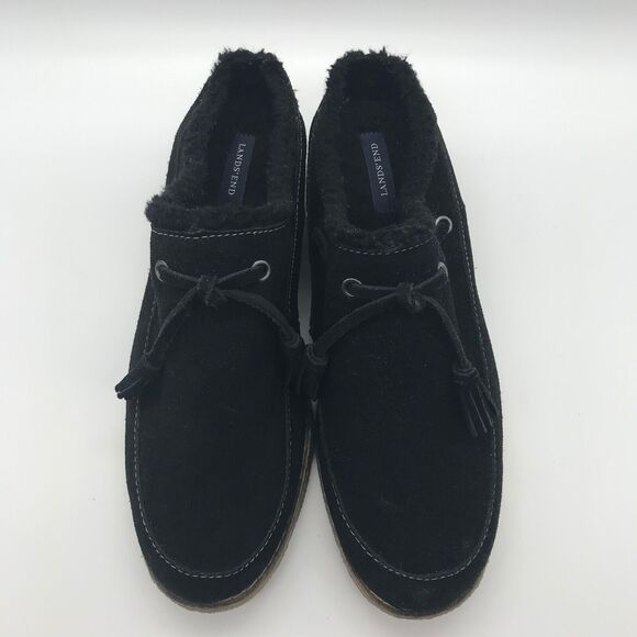Lands' End Black Suede Faux Fur Lined Clogs Women 7.5 Tasseled Crepe Wedge Shoe - Picture 5 of 10